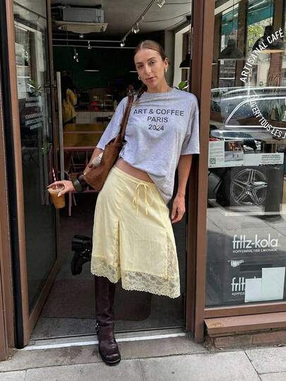 Muchica Holiday Women's Yellow Woven Contrast Lace Drawstring Waist Skirt