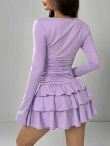 SHEIN EZwear 女士优雅薰衣草色荷叶边长袖连衣裙 - 淡紫色 - 查看 2