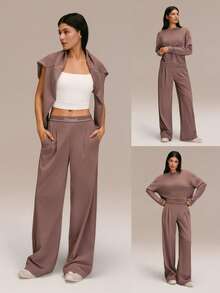 GLOWMODE Pantalones de pierna ancha con cintura elástica y bolsillos laterales, de secado rápido y estampado jacquard, para uso casual diario - Marrón Mocha - Ver 7