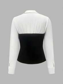 Olithes Women's Black & White Business Casual Sexy Long Sleeve Button-Up Blouse, Autumn Long Sleeve Tops Women's Long Sleeve Tops Blouses For Women Tight Shirt Collared Shirt - Black - View 2