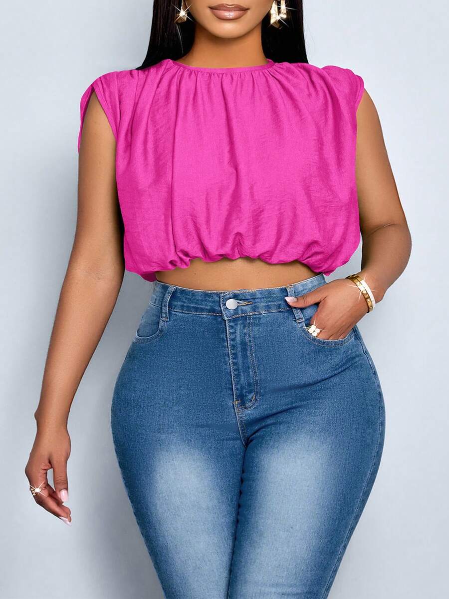 SOLERSUN Women's Plus Size Simple Spring Summer Daily Wear Solid Color Ruched Sleeveless Shirt - Hot Pink - View 1
