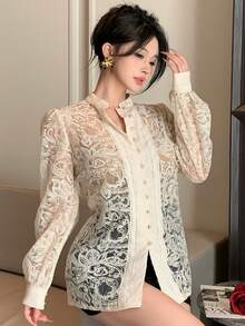 DAZY 刺绣精致镂空简约百搭女式衬衫 - 米色 - 查看 5