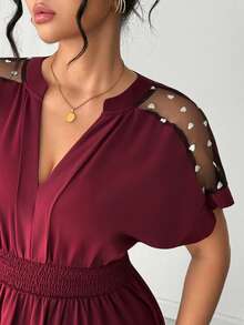Elenzga Plus Size Women's Elegant Burgundy Summer Midi Dress,V-Neck Short Sleeve Heart Mesh,Waist Cinched A-Line Chiffon Casual Dress For Party,Wedding,Work - Red - View 3