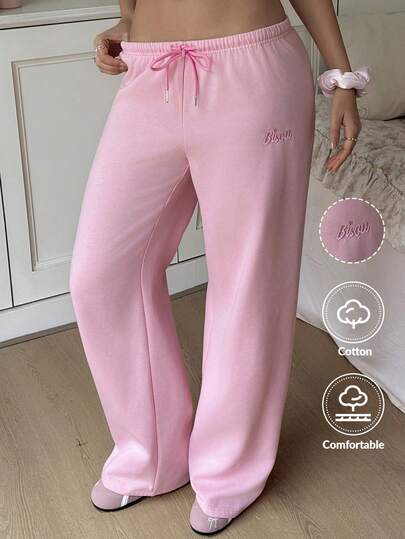 CovetEZ Women's Drawstring Waist Letter Embroidery Casual Versatile Daily Wear Wide Leg Sweatpants