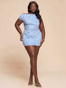 SHEIN BAE Plus Size Summer Elegant Sexy Celestial Cocktail Theme Party Date Night Blue Light Floral Sequin Embroidery One Shoulder Mini Dress Women's Chic - Baby Blue - View 4