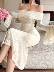 DAZY Women's Off Shoulder Elegant Waist Cinching Party Midi Dress - Apricot - View 1