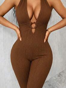 Eryvara Women's Round Ring Connected Halter Jumpsuit, Knitted Crinkle Fabric - Coffee Brown - View 7