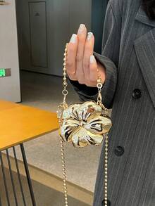 SHEIN Glamour New Floral Chain Shoulder Crossbody Bag, Fashionable & Sweet Evening Clutch, Wedding - Gold - View 5