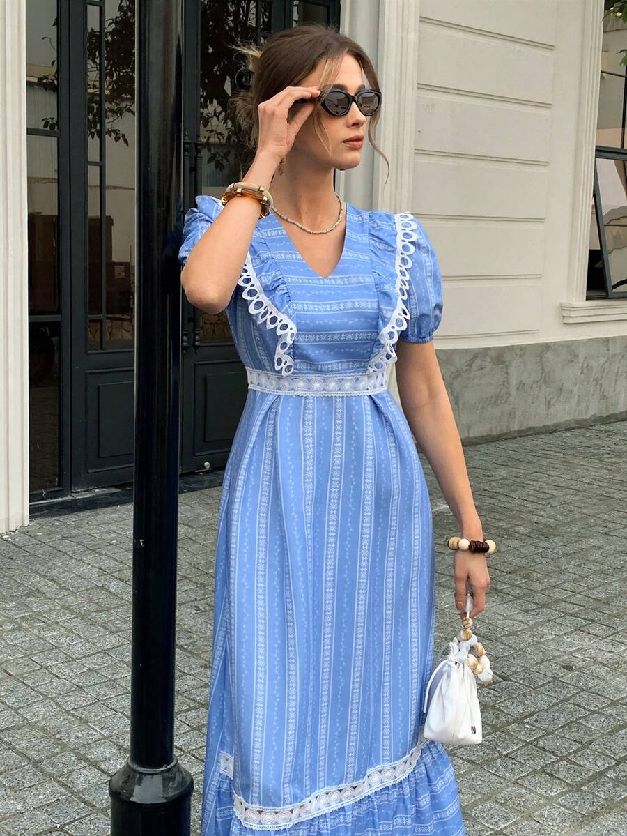 Elyressa Ditsy Floral Contrast Lace Trim V-Neck Lantern Sleeve Waist Fit Flared Hem French Style Women Dress