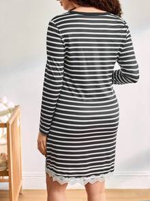 Moonlight&Mama 孕妇春夏条纹前开襟蕾丝边睡裙 - 黑與白 - 查看 2