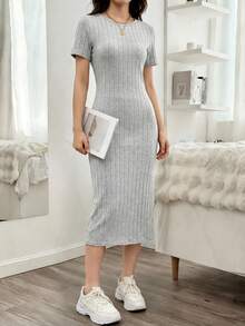 SHEIN 少女针织罗纹圆领短袖休闲连衣裙 - 灰色 - 查看 2