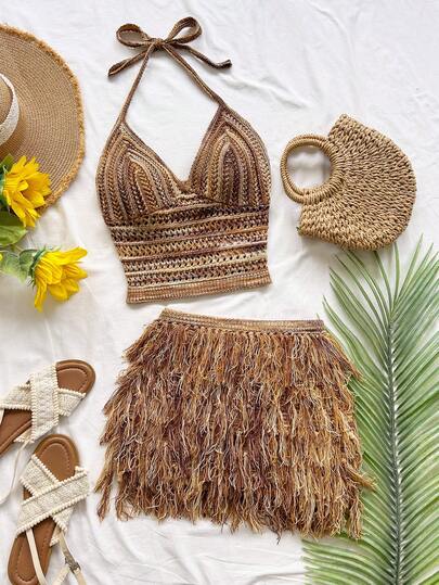 Soleia Conjunto de 2 piezas con top corto con cuello en V y espalda anudada, y minifalda con flecos, adecuado para fiesta, Navidad, cita, discoteca, estilo bohemio, vacaciones, otoño