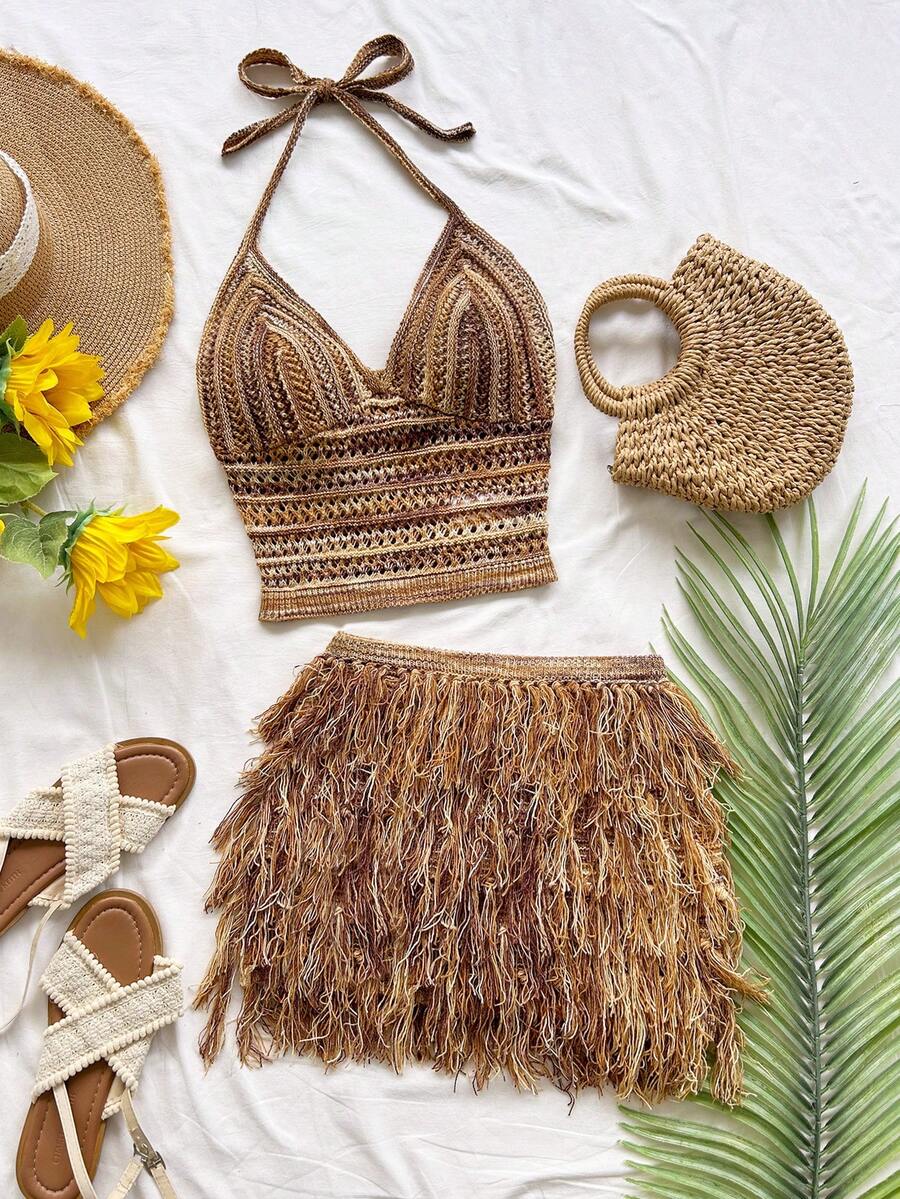 Soleia Women's V-Neck Halter Tie Backless Crop Top And Fringe Hem Mini Skirt 2 Piece Set, Suitable For Party, Christmas, Date Night, Nightclub, Bohemian, Boho, Vacation, Fall - Multicolor - View 1