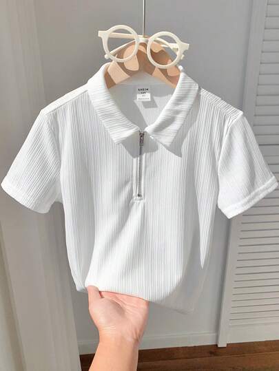 SHEIN 男童休闲校领短袖polo衫，纯色纹理面料，适合通勤、上学、休闲、运动、春夏穿着。