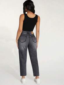 SHEIN PETITE Jeans casuales de tiro alto y corte entallado - Negro - Ver 2