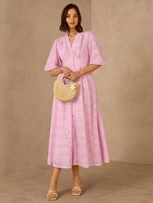 Enchnt 女士夏季度假镂空刺绣腰部荷叶袖连衣裙 - 粉色 - 查看 1