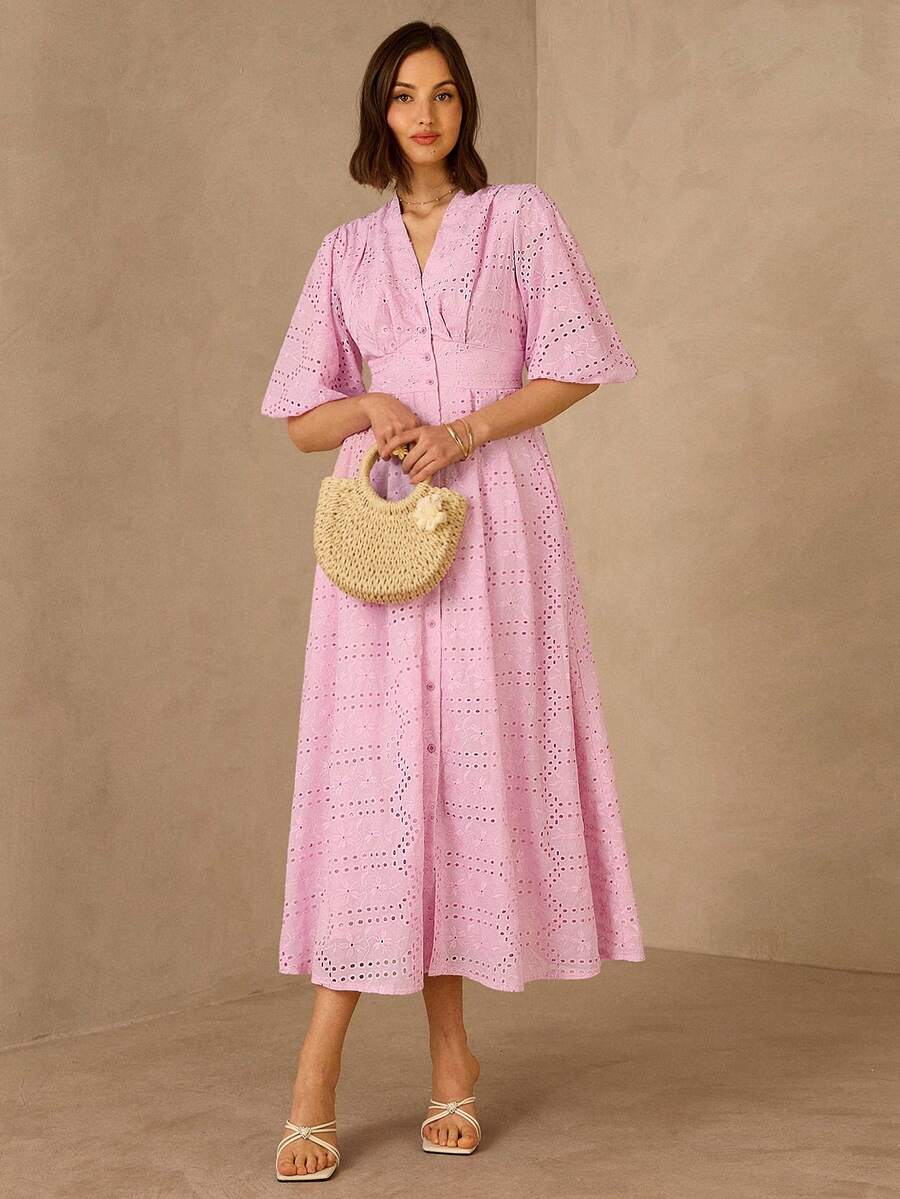 Enchnt 女士夏季度假镂空刺绣腰部荷叶袖连衣裙 - 粉色 - 查看 1