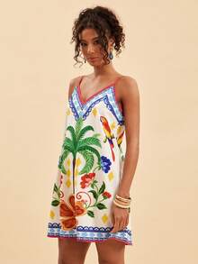 Travachic Tropical Print Spaghetti Strap Mini Vacation Dress - Multicolor - View 5