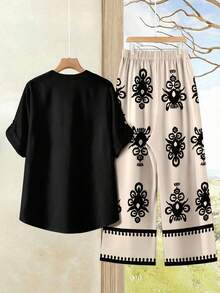 Rusticease Bộ đồ 2 món phong cách tối giản, họa tiết hình học, áo kiểu dáng rộng rãi, cổ chữ V, gấu quần loe, ống đứng, cỡ lớn, phù hợp cho công sở, du lịch và mặc thường ngày. - Nhiều màu - Xem 2