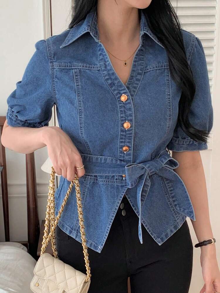 Women's Collared Waist-Cinched Short Sleeve Bow-Tie Waist Decorative Elegant Shorts, Sexy Casual Denim Top Summer