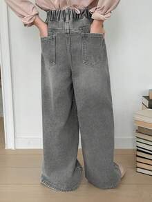 Dazy Kids Quần jean bó sát đính đá lấp lánh dành cho bé gái tuổi teen - Xám - Xem 5