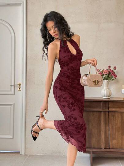 EastFlair Women's Elegant Floral Print Mesh Backless Midi Dress, Sexy & Fitted Winery Dresses For Women Wine Dress   Dress For Wedding Guest   , Wedding Guest Dress Elegant  Wedding Guest Dress Women   Fall Clothes For Women  Christmas Women's Clothing/Summerr\Flower\Party