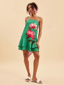 Travachic Rochie elegantă cu imprimeu floral pentru femei, îmbrăcăminte rafinată, ținută de vacanță, rochie în linie A cu volane, modă drăguță și tinerească, rochie cu barete scurte, potrivită pentru primăvară, vară, toamnă - Multicolor - Vizualizare 3