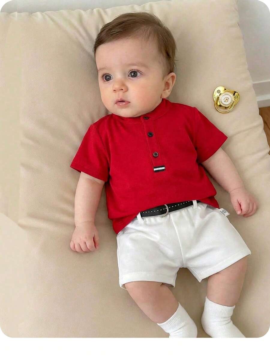 新生男宝宝可爱学院风针织红色短袖上衣和松紧腰短裤套装 - 紅色 - 查看 1