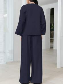 Firerie 女士两件套：优雅休闲前系带宽松衬衫和高腰松紧腰阔腿裤，商务休闲女士 - 藏蓝色 - 查看 3