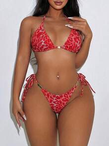 SHEIN Swim SXY 2pcs Women Leopard Print Swimwear Set, Patterned Bikini Summer - Red - View 1