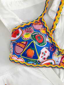 Swim Vcay 2件套新款随机印花可调节肩带性感优雅度假比基尼泳装套装，适合海滩、泳池派对 - 彩色 - 查看 3