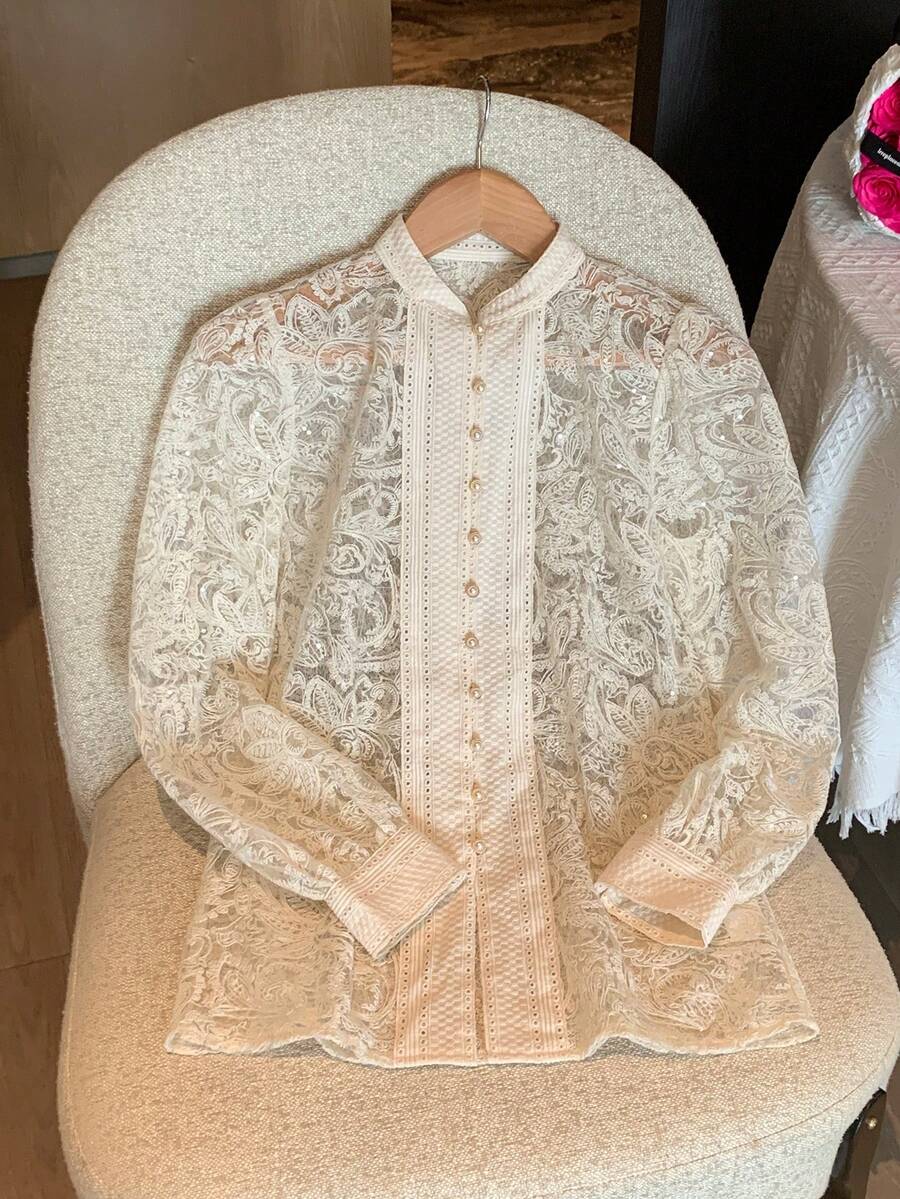 DAZY 刺绣精致镂空简约百搭女式衬衫 - 米色 - 查看 1