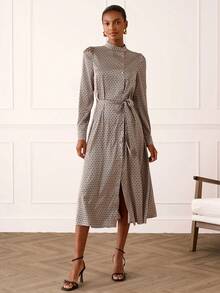 Lilora 女士几何图案长袖单排扣优雅连衣裙，端庄连衣裙，长袖中长连衣裙，法式连衣裙，优雅中长连衣裙真丝衬衫工作衬衫棕色衬衫图案上衣新款衬衫女士衬衫优雅高贵几何印花衬衫工作衬衫女士图案衬衫 - 彩色 - 查看 8