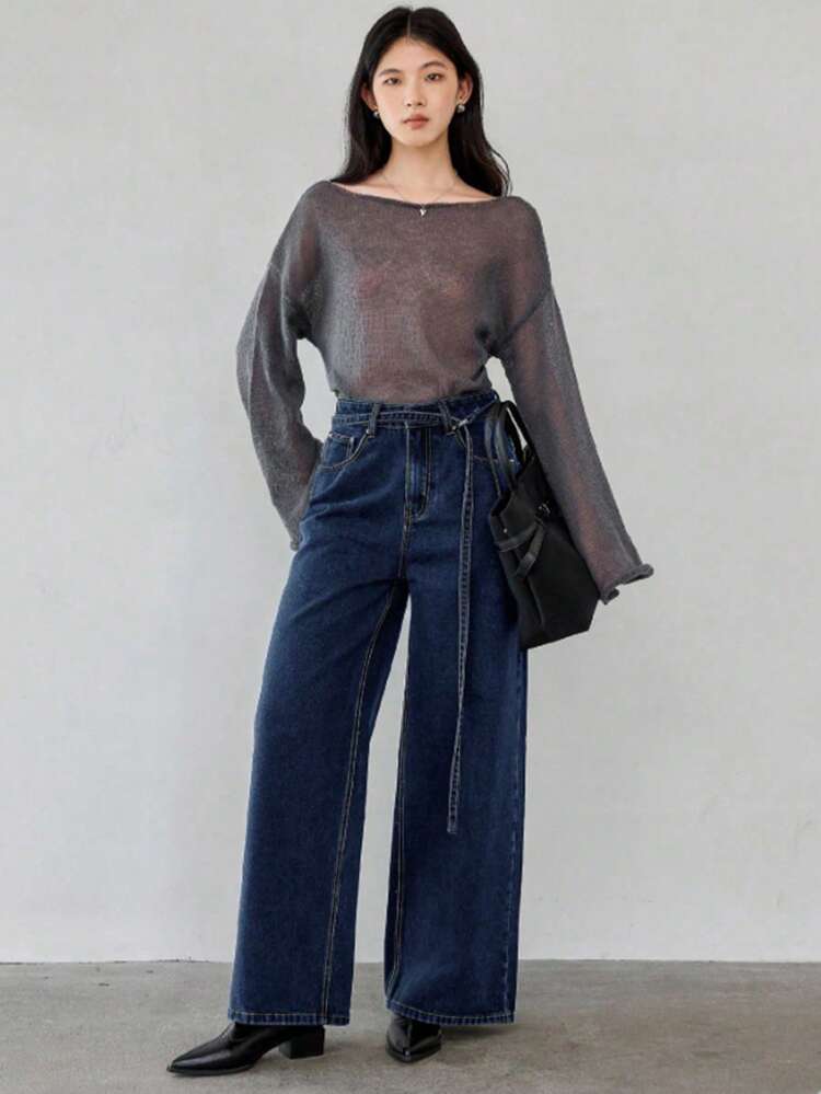 Women's Vintage Washed Raw Color Casual Straight Leg Jeans With Drawstring Waist, Suitable For Autumn And Spring