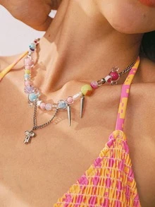 Swim Mod Conjunto de joyería de 1 pieza collar + 1 pieza pulsera, collar con cuentas de lazo y estrella de colores caramelo y pulsera con flor, joyería suave y linda para uso diario de mujeres, regalo para San Valentín, Mamá, Madre, Día de la Madre - Multicolor - Ver 6