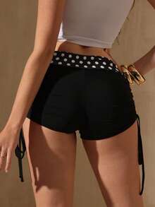 SHEIN Glamour Women's Casual Multicolor Geometric Polka Dot Mini Knitted Fabric Track Shorts With Drawstring Detail - Multicolor - View 2