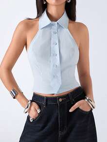LYSMO 2026 New Arrive Minimalism Spring/Summe Women's Sexy Front Button Backless Halter Shirt, Summer - Baby Blue - View 3
