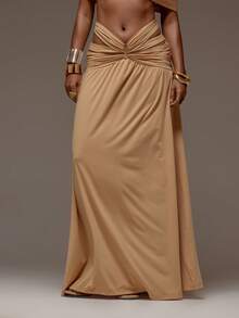 MUSERA 性感中腰镂空褶皱拼接垂褶长裙，春夏度假海滩伊比沙岛音乐节派对优雅女神 - 棕色 - 查看 1