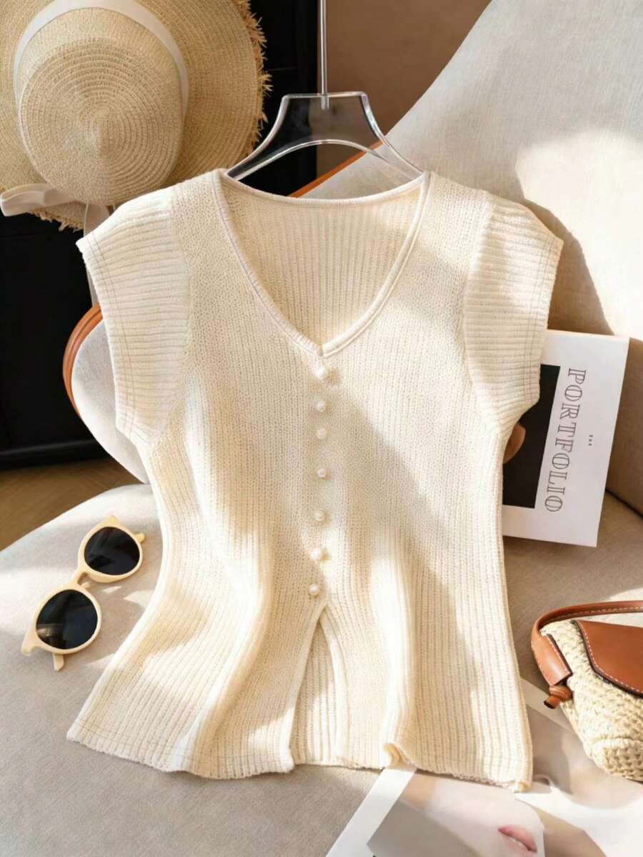 Lyxana Women's Casual Solid Color Slit T-Shirt, Versatile For Summer - Apricot - View 1