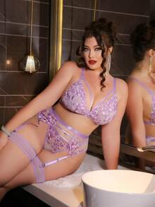 SHEIN 5pcs/Set Embroidery Mesh Splice Plus Size Sexy Wireless Bra Set - Lilac Purple - View 5