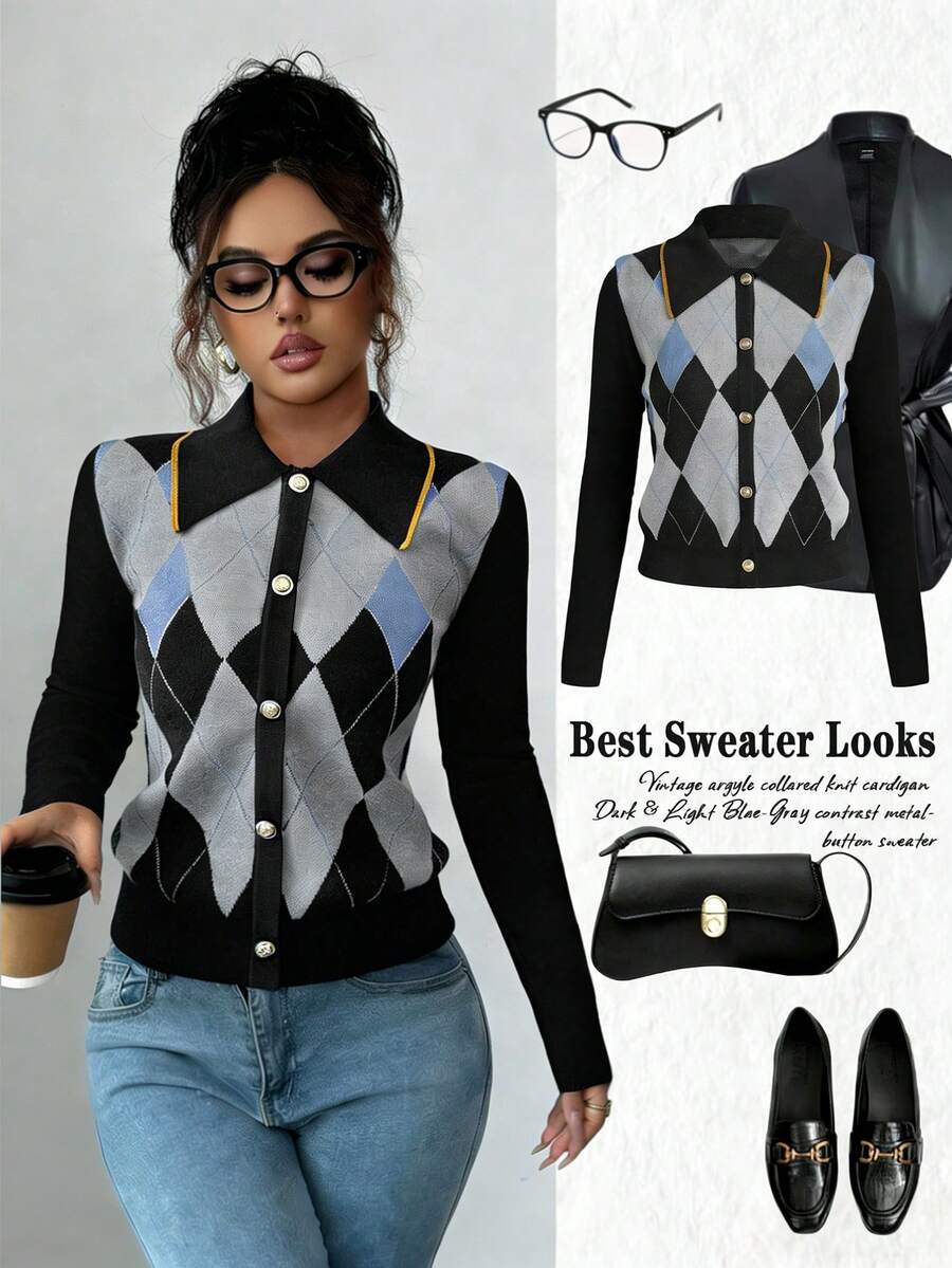 Elenzga 优雅的蓝白菱格纹翻领假门襟长袖针织衫，适合通勤和日常穿着，秋冬季款 - 黑色 - 查看 1