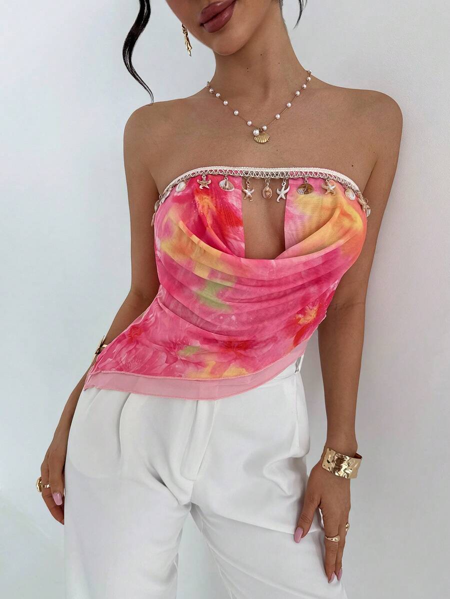 Aloruh Nueva blusa corta sin tirantes con estampado floral y bajo irregular para primavera/verano, con detalles de estrella de mar, concha y borlas, estilo romántico para vacaciones y citas, diseño de malla multicapa - Rosa - Ver 1