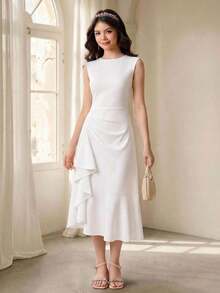 SHEIN Đầm dạ hội dài không tay viền ren bèo nhún màu trơn cho bé gái tuổi teen, sang trọng và dự tiệc, hẹn hò, họp mặt gia đình quan trọng - trắng - Xem 3