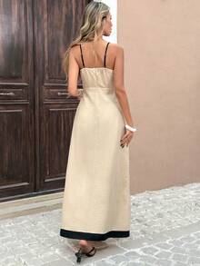 SHEIN PariChic 女士优雅法式风格纽扣撞色拼接连衣裙 - 杏色 - 查看 2