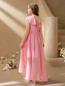 SHEIN Đầm dự tiệc màu trơn xếp nếp vạt lệch cho bé gái tuổi teen - Hồng - Xem 2
