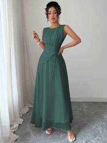 Elenzga Vestido Longo Vintage Elegante de Chiffon Romântico Casual Feminino, Adequado para Praia, Chá da Tarde, Festa, Trabalho, Sem Mangas, Gola Redonda, Cintura com Cordão, Costas Plissadas, Forro, Primavera/Verão - Verde Escuro - Visão 5