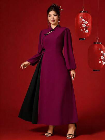 Elenzga 大码女式长袖修身连衣裙，中国风，适合秋冬季节穿着，也适合新年主题活动。