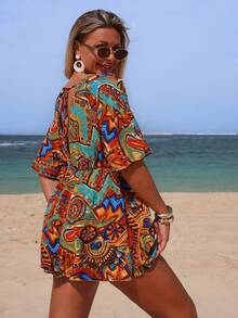 Swim Chiccia 春夏度假风深V领印花连衣裙，蝙蝠袖收腰沙滩罩衫，性感 - 彩色 - 查看 2