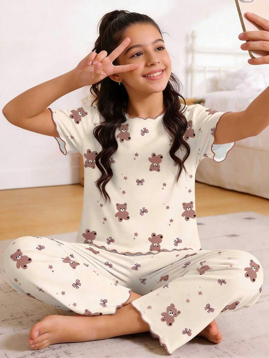 Genkimix Kids Tween Girls 2-Piece Pajama Set, Featuring Allover Print T-Shirt With Bear & Bow Design, Paired With Loose Allover Print Pants With Frill Trim, Casual Homewear For Spring/Summer - Apricot - View 1