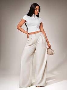 Radiana 女士夏季简约宽松卡其色阔腿裤，舒适亚麻长裤，办公休闲裤，卡其色阔腿裤，高腰阔腿裤，卡其色西装裤，高腰裤，女士长裤 - 卡其色 - 查看 6